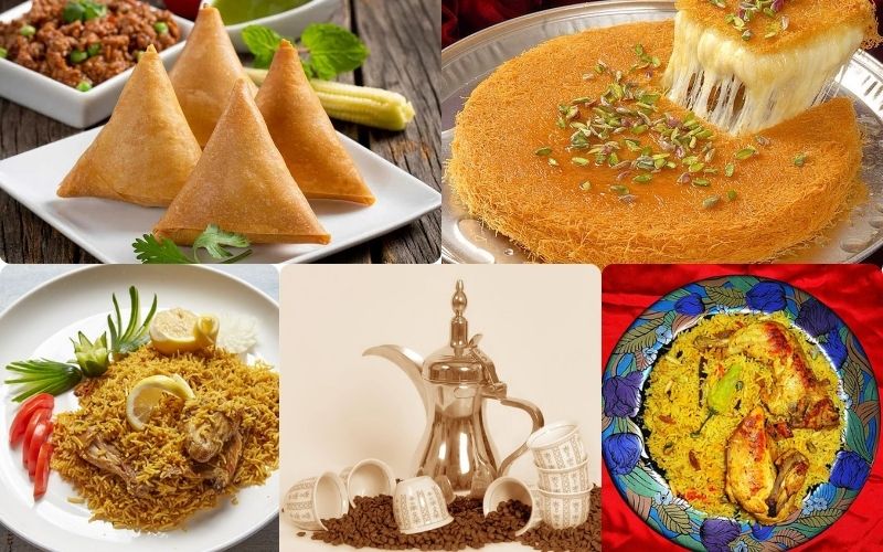 Saudi Arabian food collage with samosas, kunafa, kabsa, Arabic coffee, and mandi